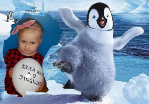 Dziewczynka trzyma balon z napisem Dzień Wiedzy o Pingwinach.